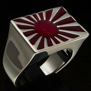 MENS STERLING SILVER JAPANESE WAR FLAG RING INDOCHINA RISING SUN RED SIZE 10 - Picture 1 of 4