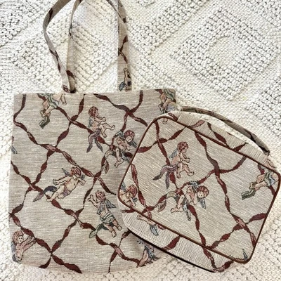 ВИНТАЖНЫЙ херувим ангел гобелен холст бежевый сумка с короткими ручками и макияж мешок двойной ремни - Изображение 1 из 4