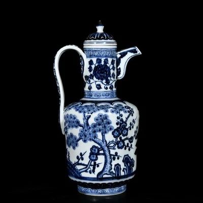 Tetera china antigua de porcelana azul y blanca firmada por Xuande 38 cm con pino U1447 Foto 1 de 4
