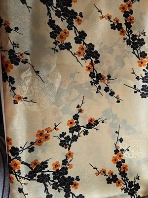 Vtg Orange Blossom Floral Chinese Satin Fabric 2 Yds X 54" Wide - Image 1 of 4