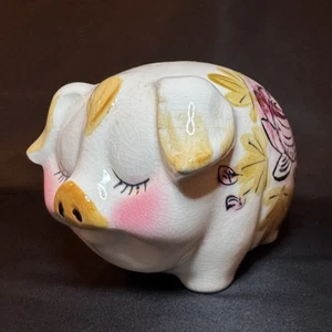 Vintage Anthropomorphic Sleeping Pig 4" Piggy Bank Ceramic Red Yellow Flowers - Picture 1 of 5