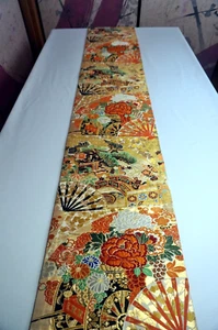 Maru Obi Silk Table Runner Xmas Japanese Kimono Antique Woven Belt Gold SensuFan - Picture 1 of 13