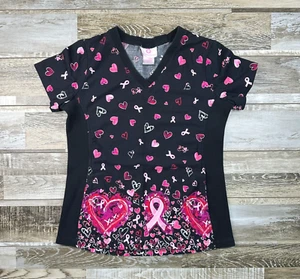 Womens S White Cross scrub top black pink breast cancer ribbon Nurse Medical - Picture 1 of 7