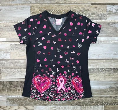 Womens S White Cross scrub top black pink breast cancer ribbon Nurse Medical - Image 1 of 4