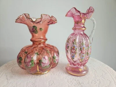 Set Of 2 Fenton Charleton Cranberry Hand Painted Large Melon Vase And Pitcher - Image 1 of 4
