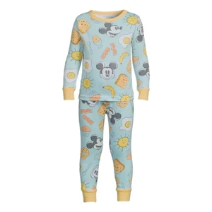 Disney Mickey Mouse 12M Bacon & Eggs Snug Fit Long Sleeve Pajama Set Blue Yellow - Picture 1 of 2