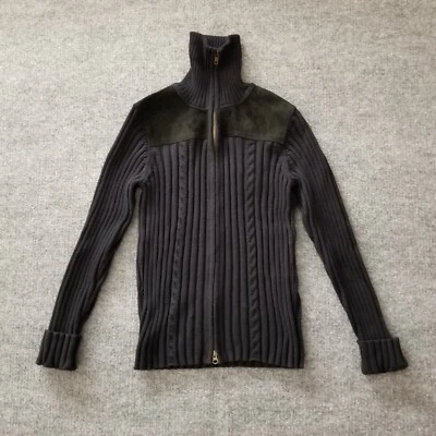 New Denim & Co. Women Sweater M Black 2 Way Full Zip Cotton Leather A24257 QVC* - Image 1 of 4