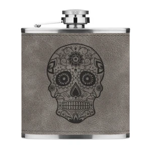 Black Sugar Candy Skull 6oz PU Leather Hip Flask Grey Funny Tattoo - Picture 1 of 1