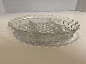 Plato Fostoria American de tres partes ovalado con vástago transparente dividido motivo de cubo 2056 - Imagen 1 de 6
