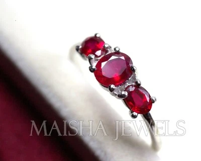 Natural Three Stone Ruby Ring 925 Sterling Silver July Birthstone Women Jewelry - Image 1 of 4