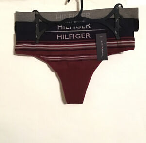 Tommy Hilfiger 3 Pack Thongs Panties Dark Red Gray Navy R9IT840 Womens Size L 
