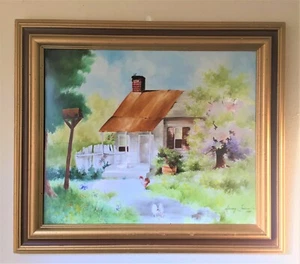 19x16 Painting Porcelain Tile Art - Folk Art Cottage Landscape Framed - Picture 1 of 10