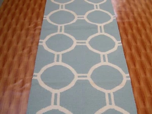 Dhurrie Rugs 2.6x7.6 Sky Blue Runner Rug Hand made Kilim Rug - Picture 1 of 4