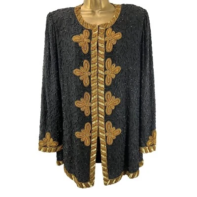 Vintage Laurence Kazar Silk Evening Jacket XL Beaded Military Style 100% Silk - Image 1 of 4