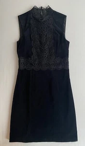 WAREHOUSE DRESS SZ 8 WOMENS BLACK VELVET HIGH NECK SHORT EMBROIDERED SEE DETAILS - Picture 1 of 9