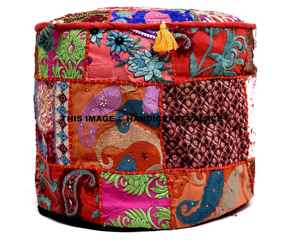 Capa pufe redonda indiana feita à mão vintage algodão escabelo otomano patchwork - Imagem 1 de 1
