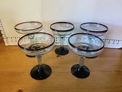 5 Hand Blown Mexican Brown Amber Rim Base Margarita Glasses Elegant Barware  - Image 1 of 4