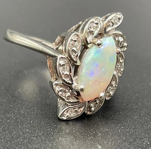 Vintage 14k White Gold Diamond Accented Marquise Opal Ring Size 7, 4.5 Grams - Picture 1 of 13