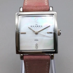 Skagen Denmark Steel Watch Women 28mm Silver Tone Pink Leather Band New Battery - Picture 1 of 16