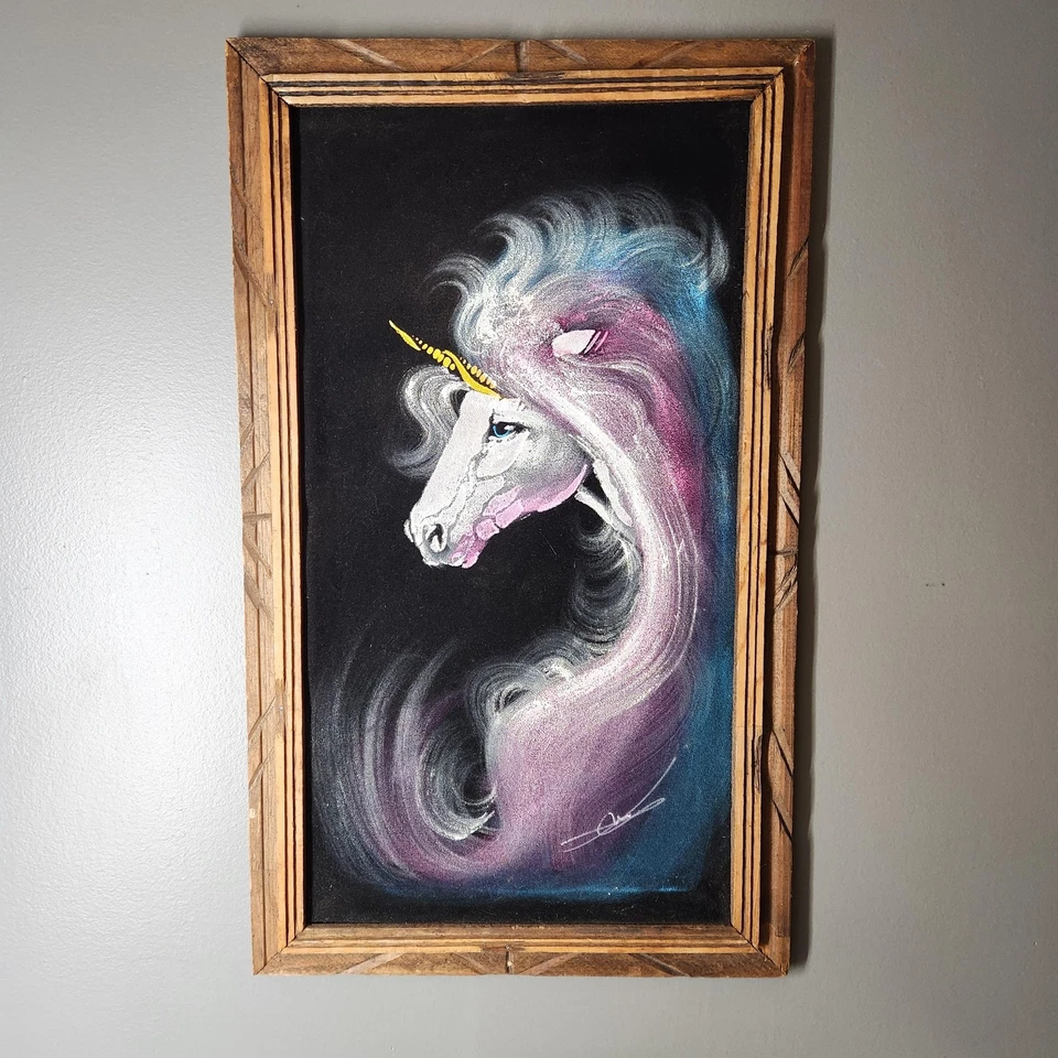 Original Unicorn Portrait Painting Signed Framed Fantasy Purple on Black Canvas - Image 1 of 4