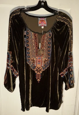 Johnny Was NWT Naomi Tigers Eye Embroidered Brown Velvet Tunic Top Size L - Image 1 of 4
