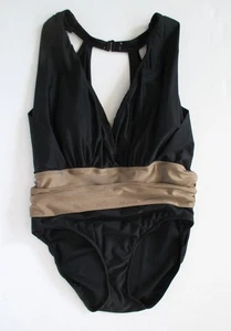 Venus One Piece Bathing Swim Suit Black Pleated Taupe Waist Size 16 - Picture 1 of 5