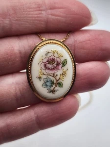 Vintage Lenox 14k Gold Filled Hand Painted Flowers White Porcelain Necklace - Picture 1 of 19