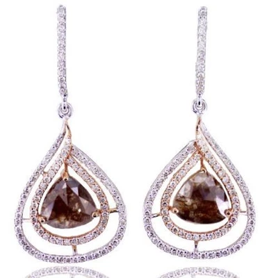 Rose Cut Diamond Drop Double Halo Earrings 3.98 TCW Brown Trillion Cut 14K Gold - Image 1 of 4