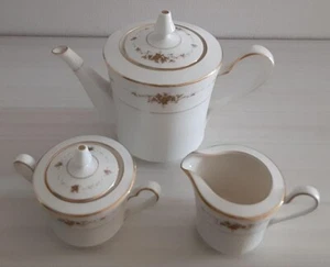 NORITAKE Suffolk Tea Set Teapot Sugar Bowl Creamer Ivory China Gold Lim 3-pcs - Picture 1 of 15
