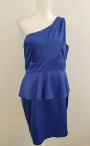 JESSICA SIMPSON SIZE 12 BLUE SATIN ONE SHOULDER PEPLUM SHEATH COCKTAIL DRESS - Picture 1 of 6