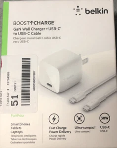 BELKIN BOOST CHARGE USB-C GAN 30W WALL CHARGER UNIVERSAL COMPACT WCH001DQ1MWH-B6 - Photo 1 sur 3