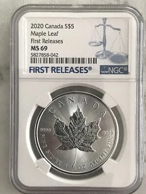 2020 $5 CANADA 1 OZ SILVER MAPLE LEAF NGC MS69 RARE FIRST RELEASES BLUE LABEL - Image 1 of 2