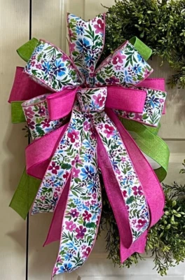 10" Dk Pink Floral Bow Spring Wired Ribbon Door Wreath, Mail, Basket # 184 C rb - Image 1 of 3