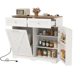 Tilt Out Trash Can Cabinet w/Outlets 2 Drawers Adjustable Shelf Anti-Tipping Kit - Picture 1 of 10