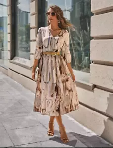Women New Lovely Surplice Lantern Sleeve Multicolor Dress Without Belt M - Picture 1 of 3