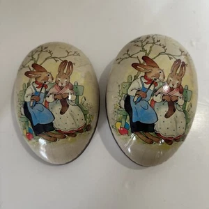 Vtg German Large Paper Mache Easter Egg Candy Container Bunny Couple on Bench - Picture 1 of 14