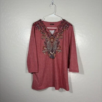 J McLaughlin Top Mujer Grande Catalina Tela Túnica Rojo Paisley Elastizado Preppy Foto 1 de 4