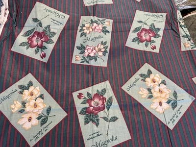 Magnolia Toss on Maroon Green Stripe Polished Cotton Fabric COTTAGE GARDEN 2+YDS - Image 1 of 4