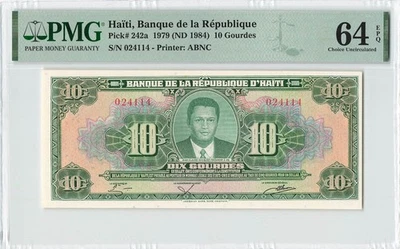 HAITI 10 Gourdes 1979 (1984), P-242a, Rare w/ NO PREFIX, 024114, PMG 64 EPQ UNC - Image 1 of 2