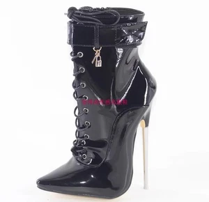 Damen Lackleder Schwarz Stiefeletten Super High Heels Schuhe Schnürung Reißverschluss  - Bild 1 von 6