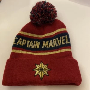 Captain Marvel Woven Striped Pom Pom Knit Hat Cap Winter Beanie Unisex Sparkly - Picture 1 of 7