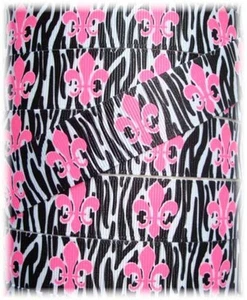 7/8 PINK ZEBRA LICIOUS 2 FLEUR DE LIS GROSGRAIN RIBBON - Picture 1 of 1