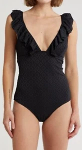 NWT BETSEY JOHNSON Swimwear One Piece Ruffle Eyelet Swimsuit Retro sz M - Picture 1 of 2