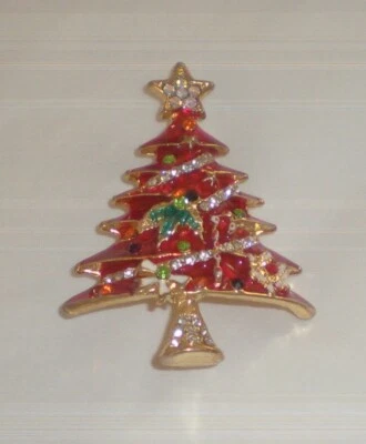 Nuevo Broche Prendedor Árbol de Navidad Cristal Esmalte Rojo Brillante Impresionante Foto 1 de 3