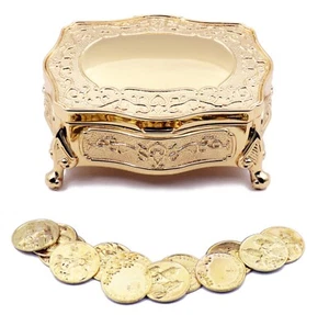 Gold Footed Floral Engraving Wedding Arras Box with Coins Set Wedding Unity Coin - Picture 1 of 2