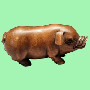 netsuke cochon buis, signé, statuette sculpture art populaire figurine asie - Foto 1 di 16