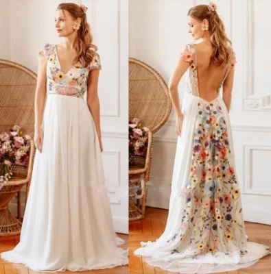 Vestido de novia colorido bordado para mujer sin espalda flores vestidos de novia florales Foto 1 de 4