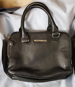 LOVELY BLACK LEATHER HANDBAG JOHN ROCHAS 3 COMPARTMENTS BLUE LINING WHITE SPOTS - Picture 1 of 9