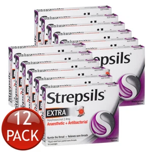 12 x Strepsils Extra Blackcurrant 16 Lozenges Rapid Sore Throat Relief Treatment - Picture 1 of 12