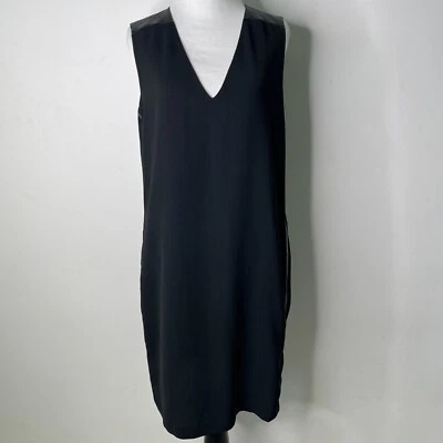 Vince Women's Black V-Neck Sleeveless Mini Sides Leather Shift Dress Size 8 - Image 1 of 4